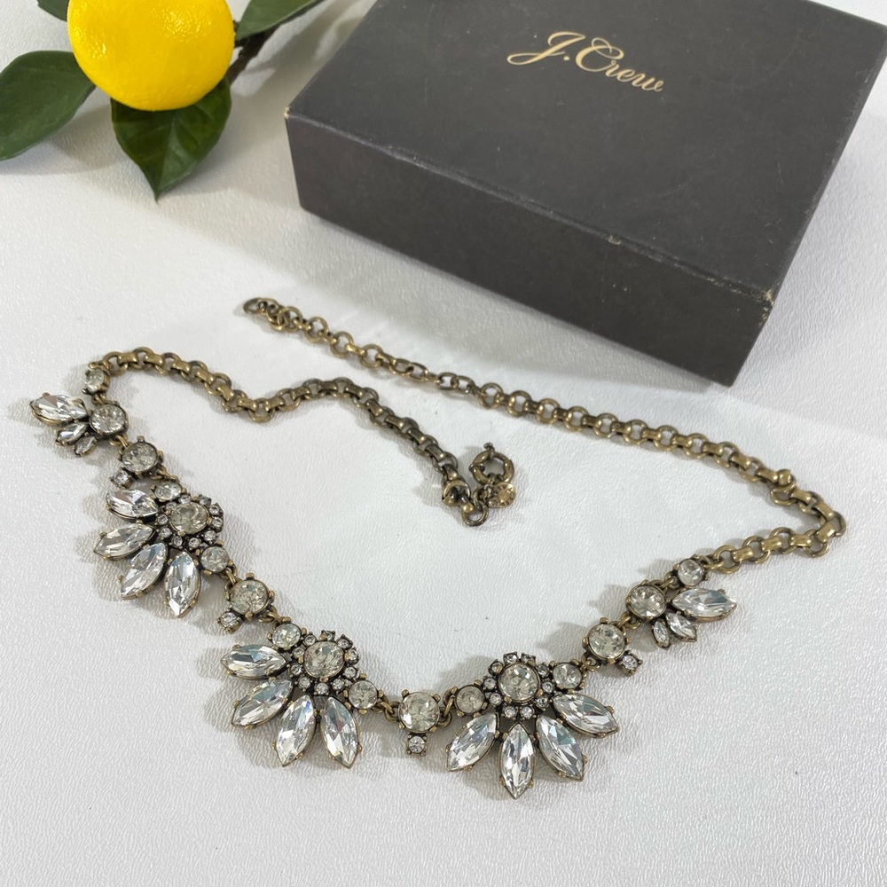 J.Crew Brilliant Faceted Rhinestone Antiqued Gold Necklace & Box 23" Statement